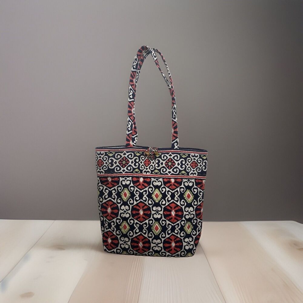 Vera Bradley Quilted Geometric Tote Bag Navy White Red Green Lined Charm